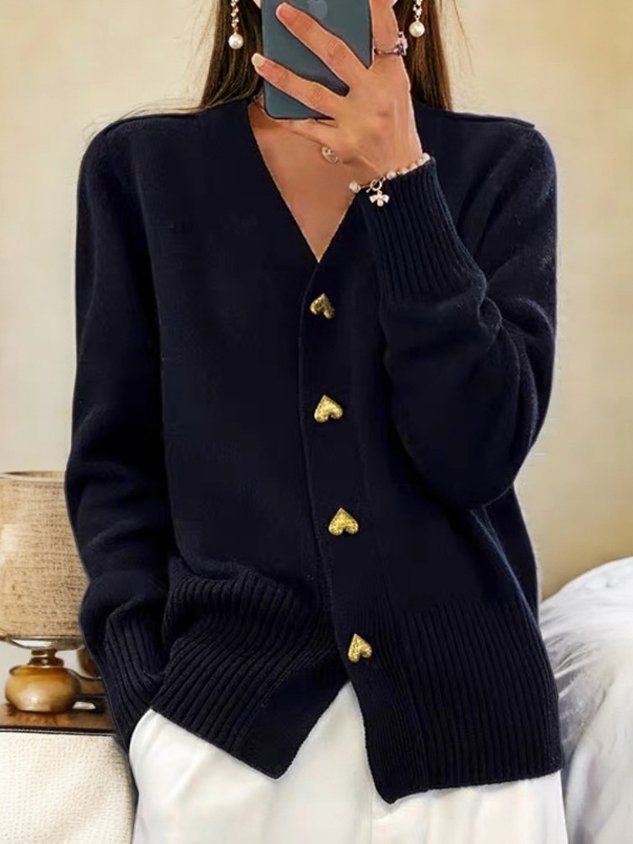 Cecile | Women's Elegant V-Neck Gold Button Long Sleeve Cardigan