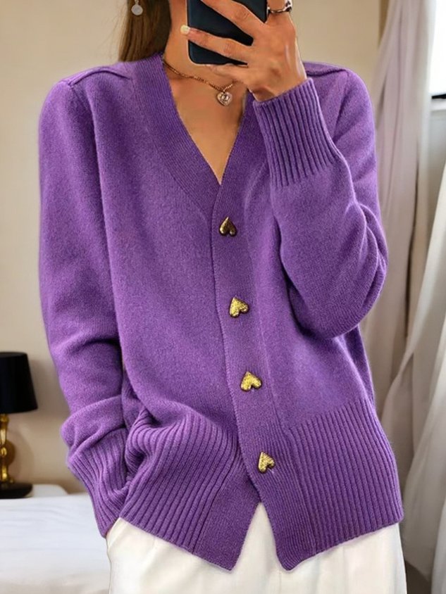 Cecile | Women's Elegant V-Neck Gold Button Long Sleeve Cardigan