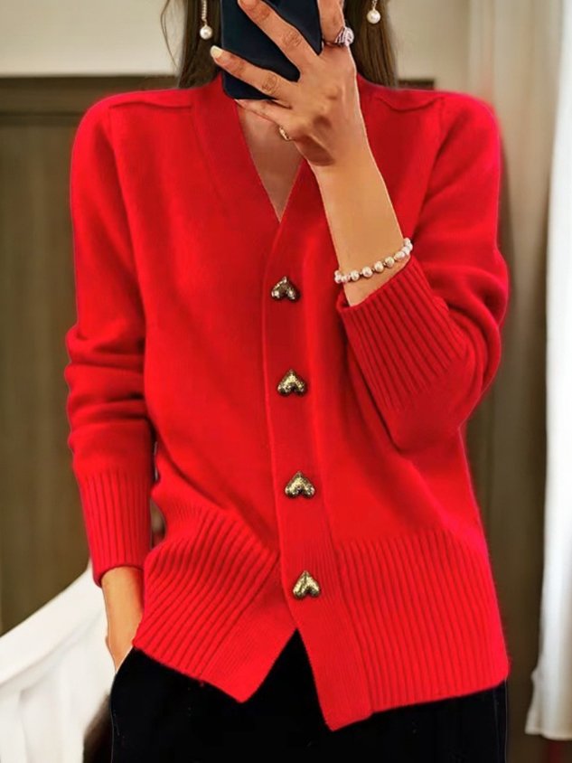 Cecile | Women's Elegant V-Neck Gold Button Long Sleeve Cardigan
