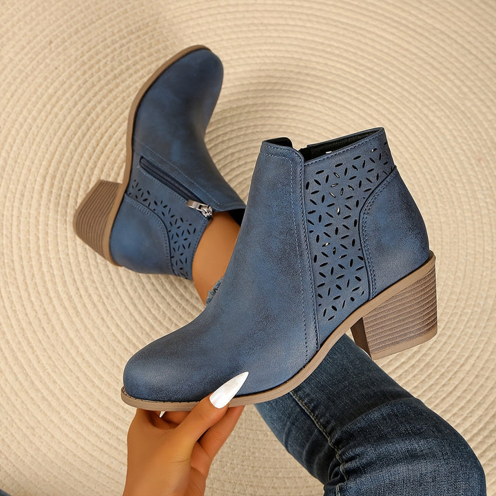 Flora | Women's Boho Cutout Side-Zip Block Heel Ankle Boots