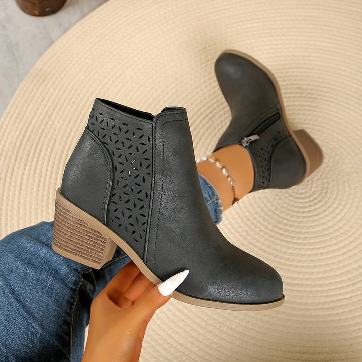 Flora | Women's Boho Cutout Side-Zip Block Heel Ankle Boots