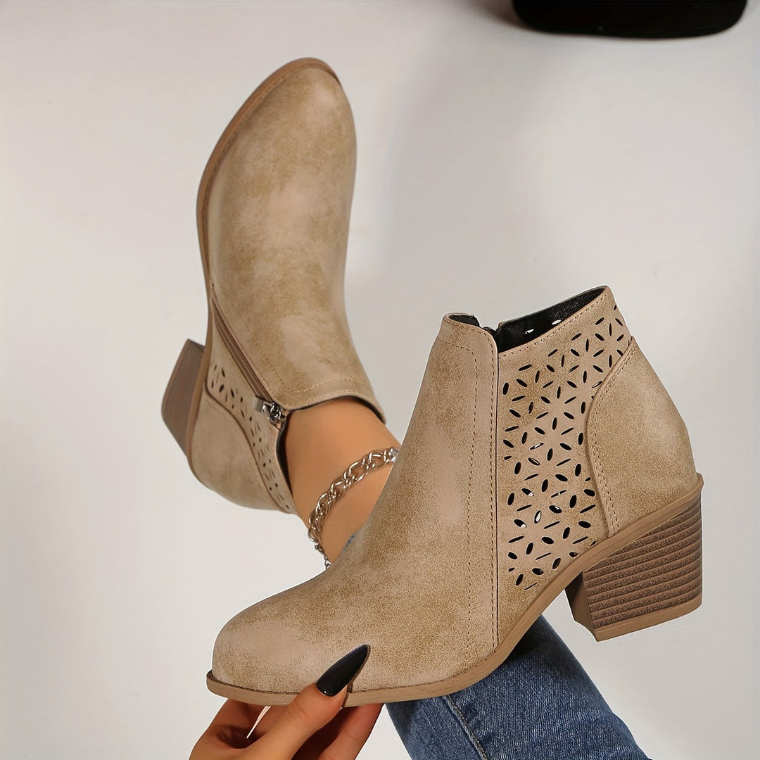 Flora | Women's Boho Cutout Side-Zip Block Heel Ankle Boots
