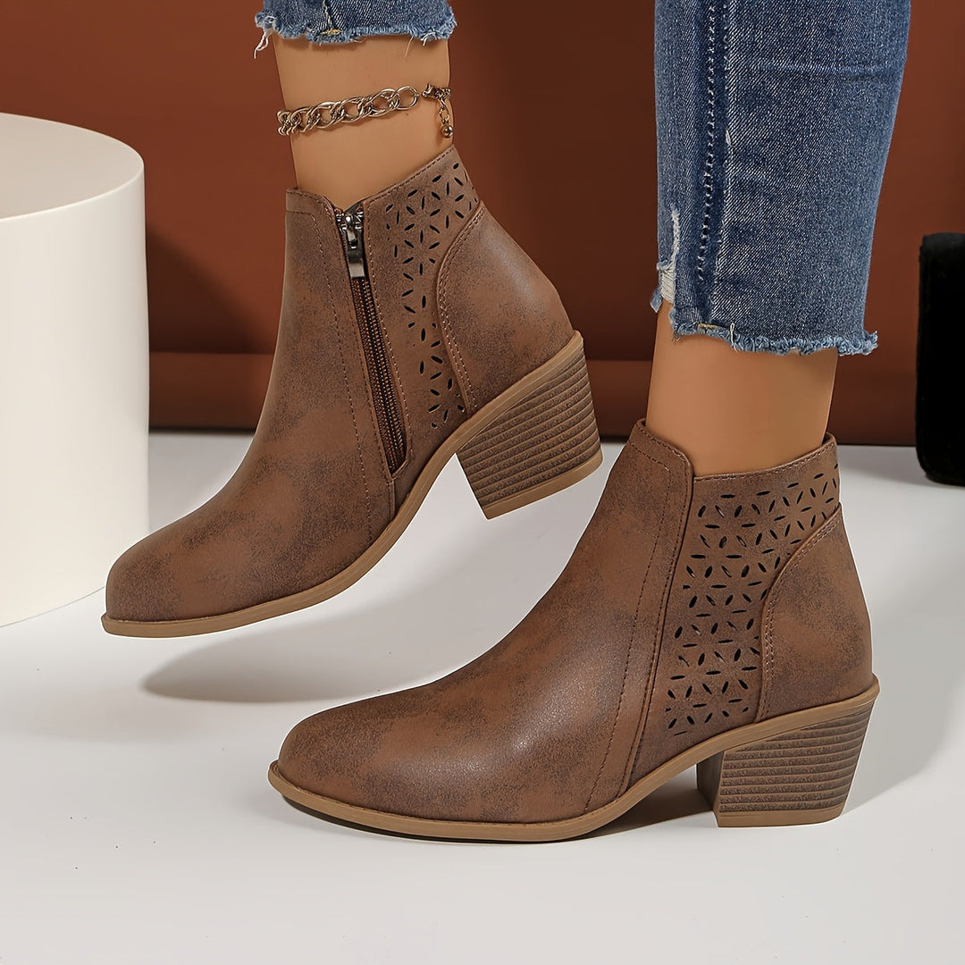Flora | Women's Boho Cutout Side-Zip Block Heel Ankle Boots