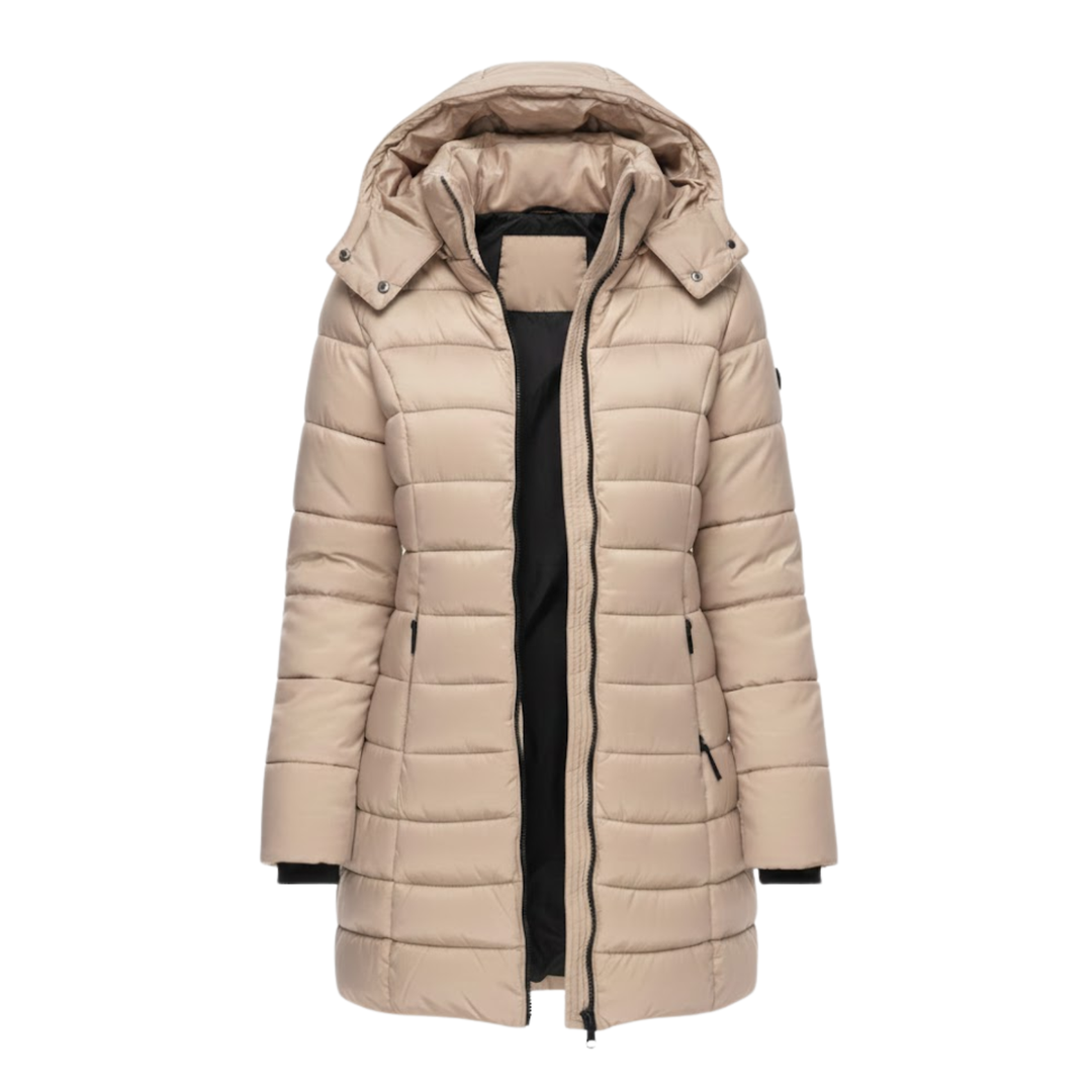 Beige puffer jacket with a hood on a white background