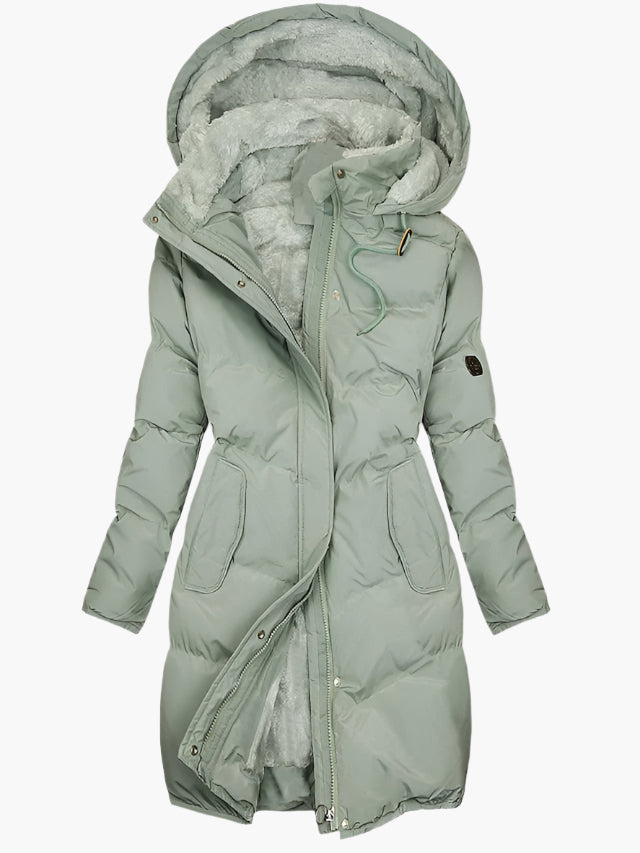 Odette | Women's Quilted Hooded Cinch-Waist Midi Puffer Coat