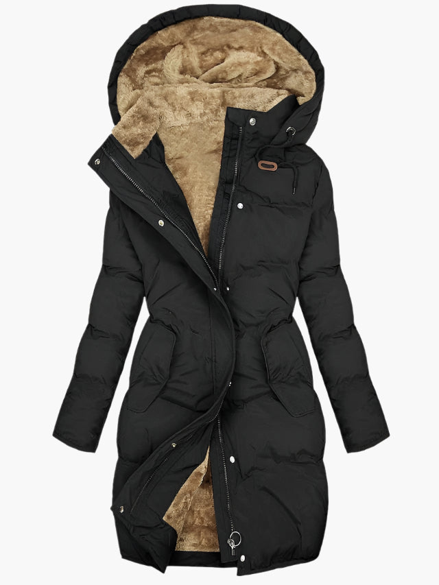 Odette | Women's Quilted Hooded Cinch-Waist Midi Puffer Coat