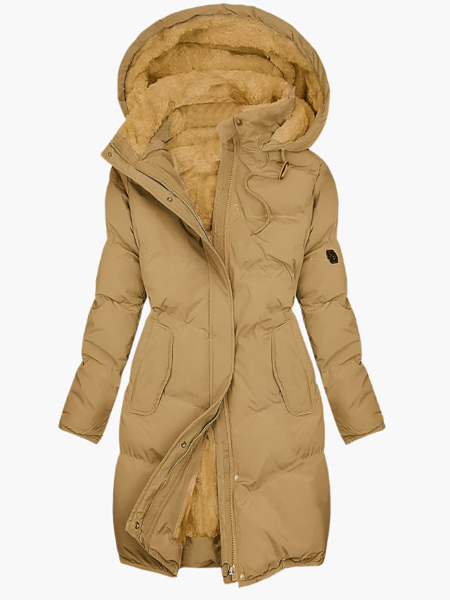 Odette | Women's Quilted Hooded Cinch-Waist Midi Puffer Coat