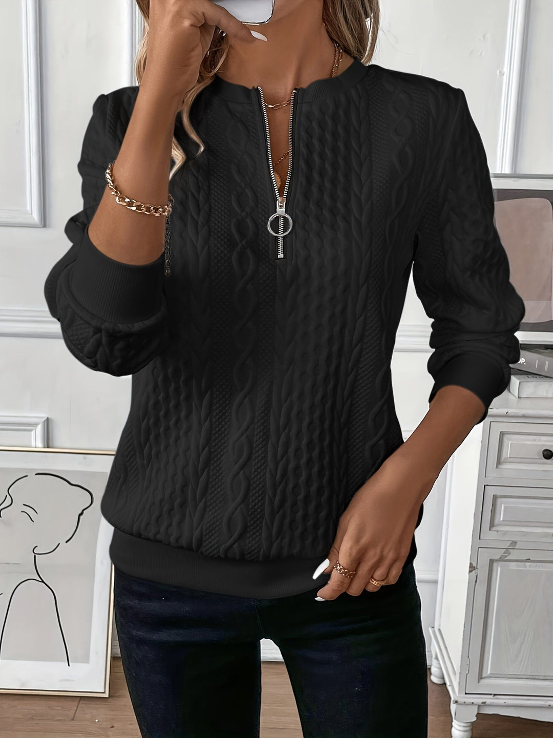 Petra | Women's Cable-Knit Quarter-Zip Long Sleeve Sweater