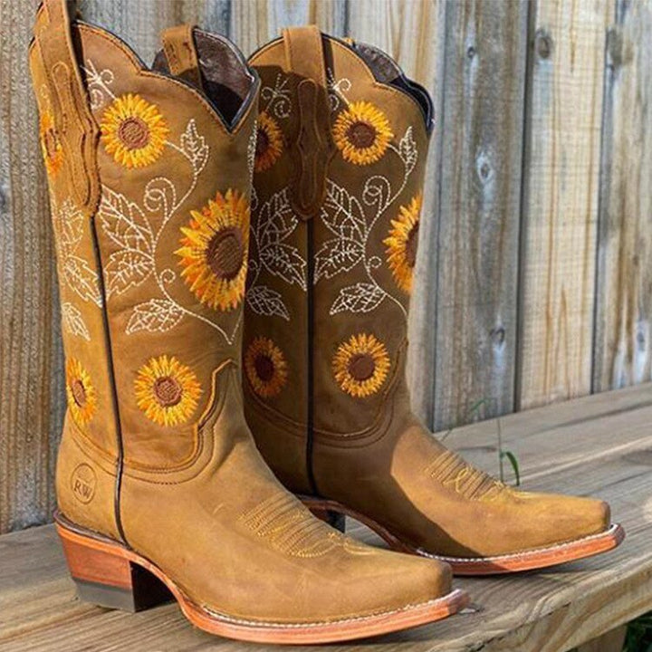 Rosalie | Women's Western Sunflower Embroidered Pull-On Cowboy Boots