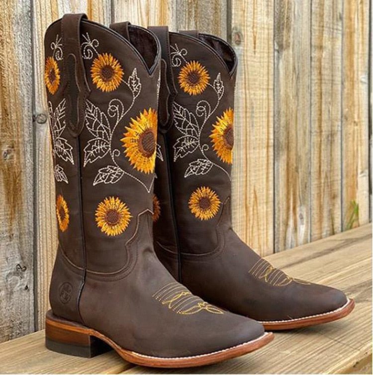 Rosalie | Women's Western Sunflower Embroidered Pull-On Cowboy Boots