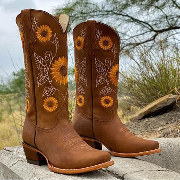 Rosalie | Women's Western Sunflower Embroidered Pull-On Cowboy Boots