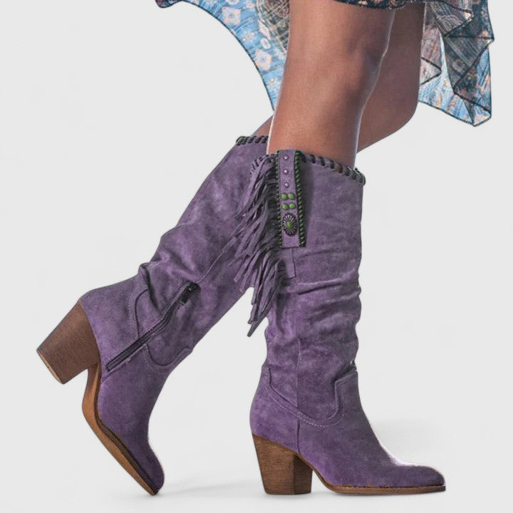 Savannah | Women's Boho Fringe Side-Zip Block Heel Knee High Boots