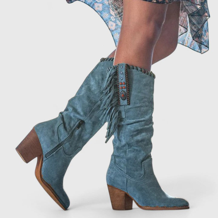 Savannah | Women's Boho Fringe Side-Zip Block Heel Knee High Boots