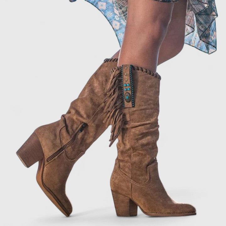 Savannah | Women's Boho Fringe Side-Zip Block Heel Knee High Boots