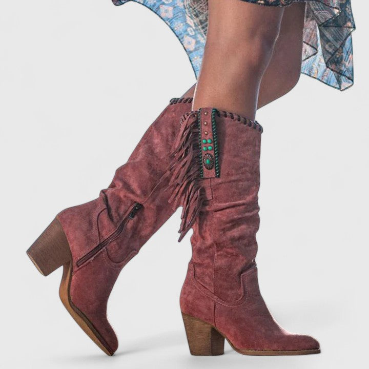 Savannah | Women's Boho Fringe Side-Zip Block Heel Knee High Boots