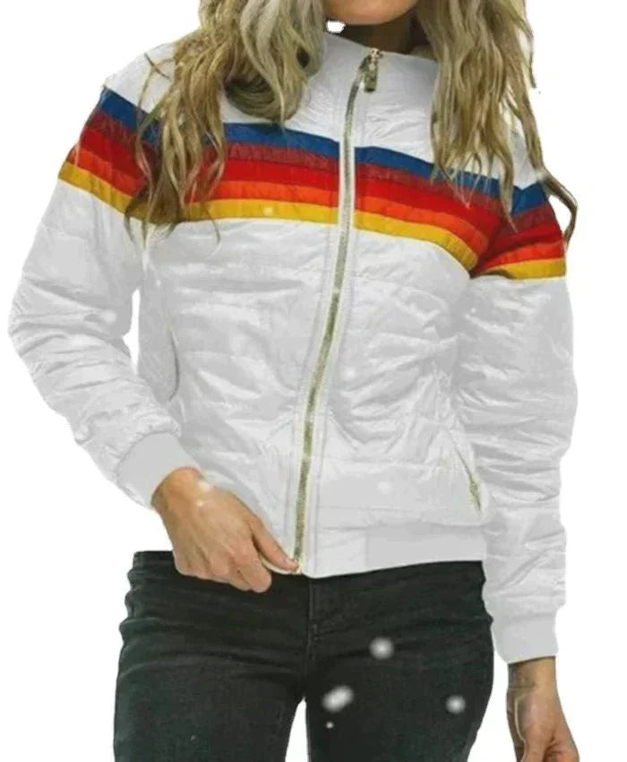 White jacket with colorful stripe on shoulders worn by a person