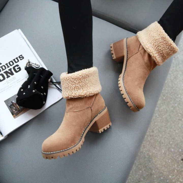 Vera | Women's Winter Fleece-Lined Rolled-Cuff Block-Heel Ankle Boots