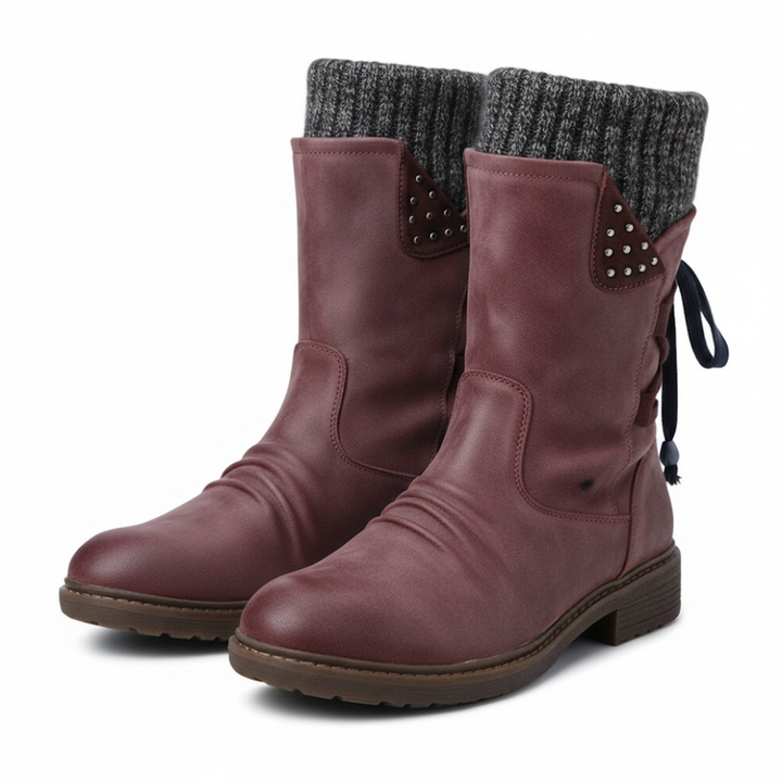 Wren | Women's Knit-Cuff Studded Lace-Back Mid-Calf Winter Boots