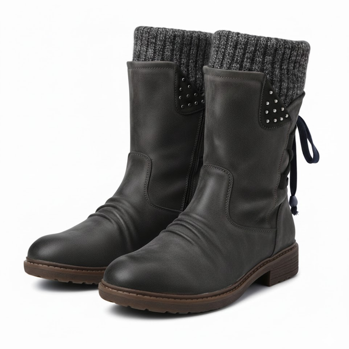 Wren | Women's Knit-Cuff Studded Lace-Back Mid-Calf Winter Boots