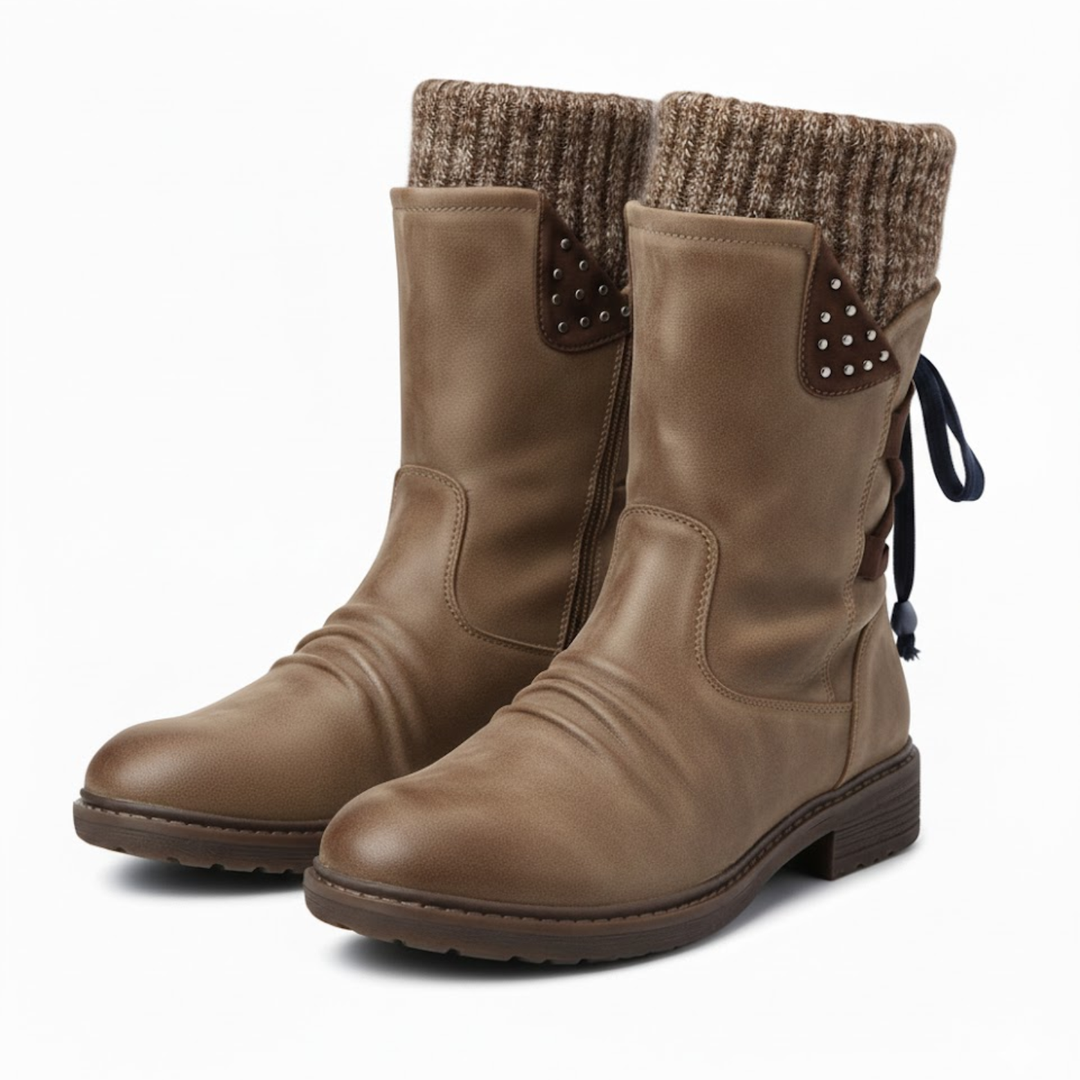 Wren | Women's Knit-Cuff Studded Lace-Back Mid-Calf Winter Boots