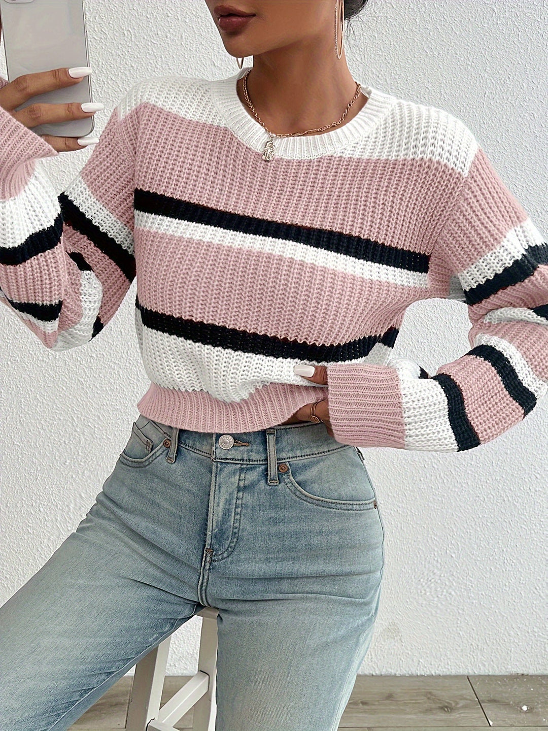Adalyn pink striped round-neck sweater, front view