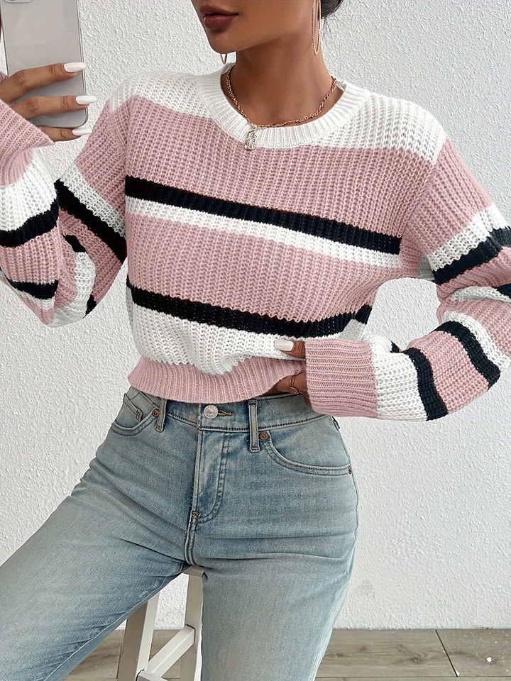 Adalyn pink striped round-neck sweater, front view