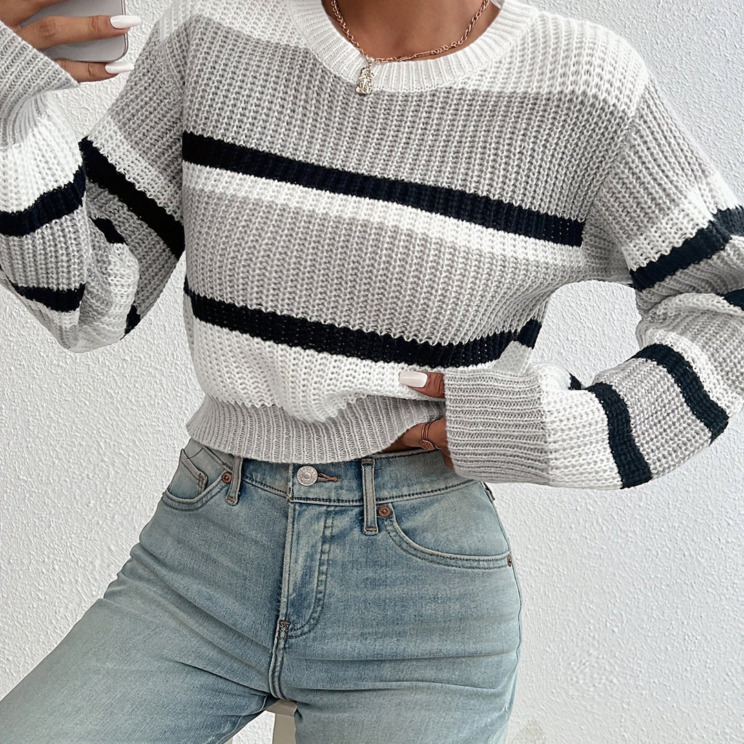 Adalyn gray striped round-neck sweater, cuff detail