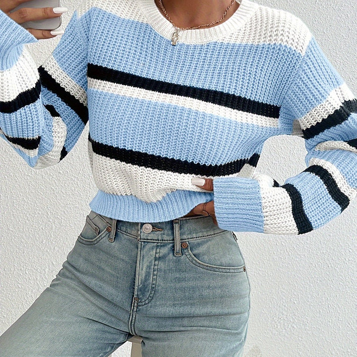 Adalyn sky blue striped round-neck sweater, close-up front detail