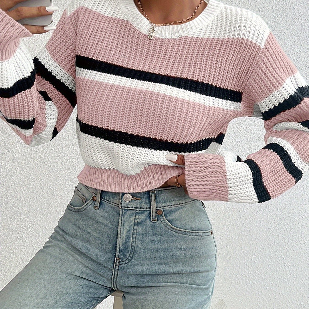 Adalyn pink striped round-neck sweater, close-up detail