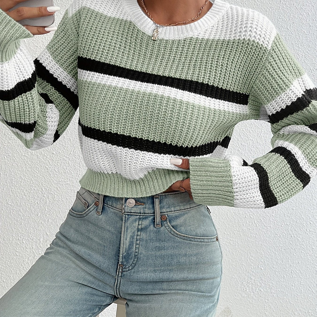 Adalyn sage green striped round-neck sweater, close-up detail