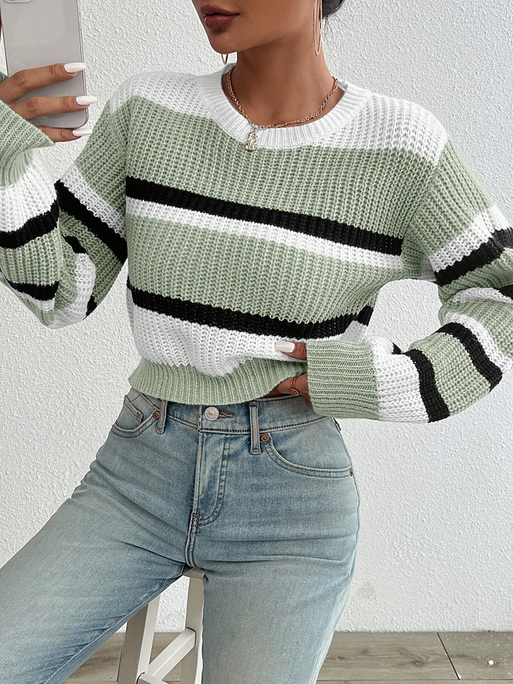Adalyn sage green striped round-neck sweater, front view