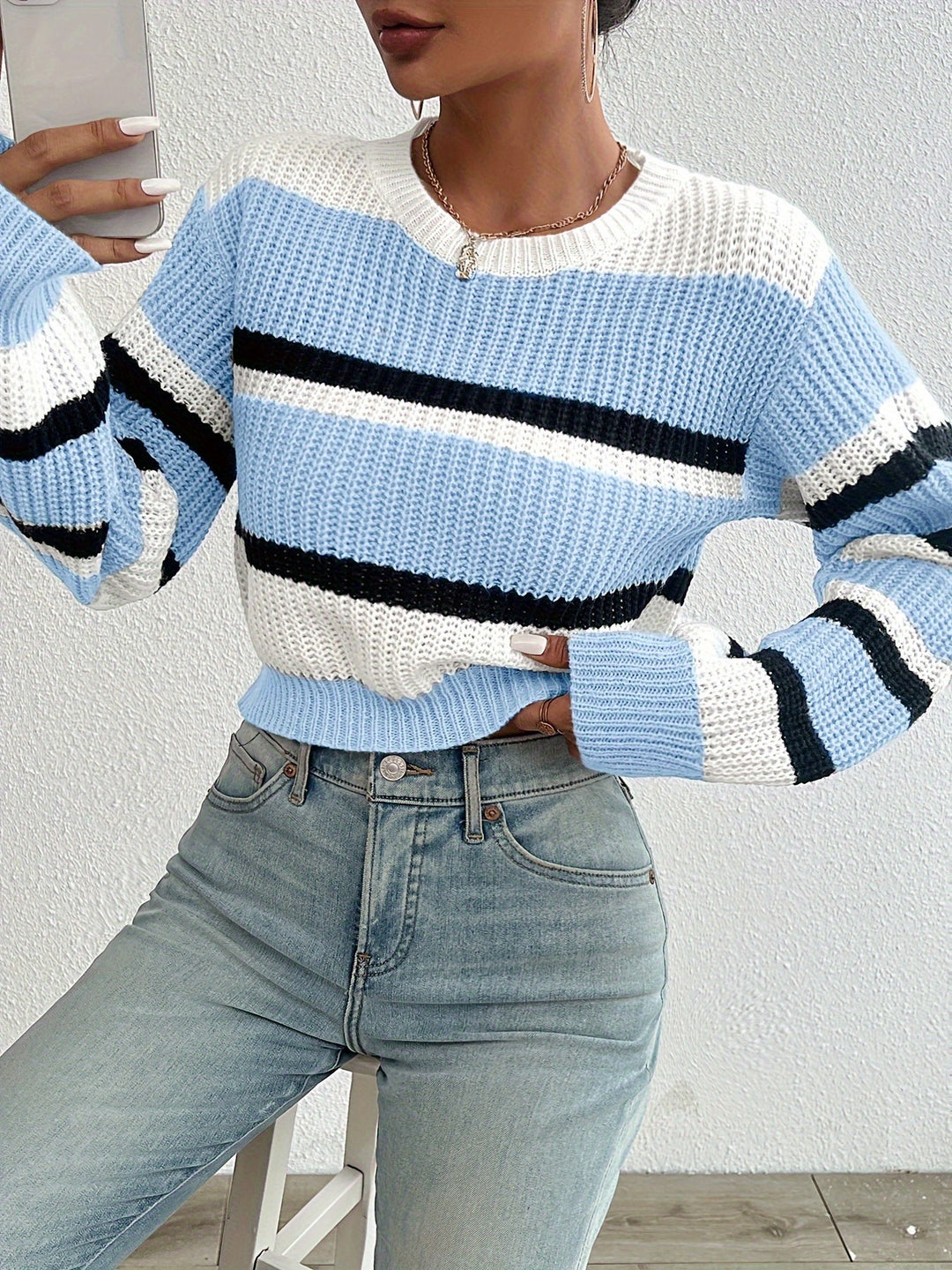 Adalyn sky blue striped round-neck sweater, front view