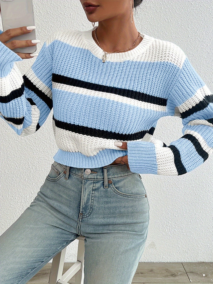 Adalyn sky blue striped round-neck sweater, front view