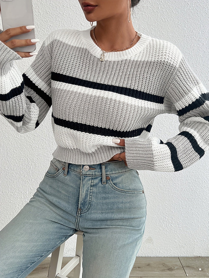 Adalyn gray striped round-neck sweater, front view