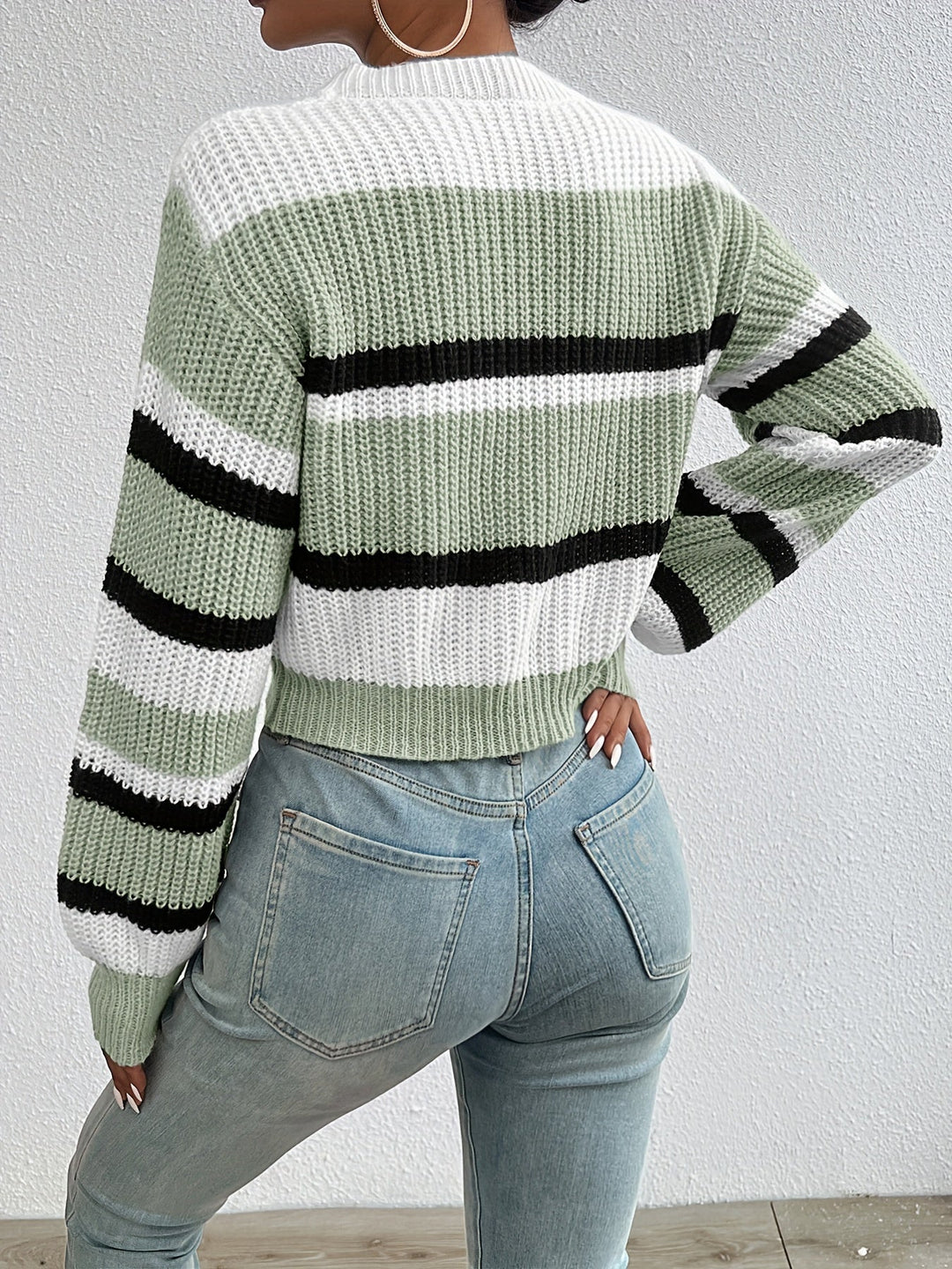 Adalyn sage green striped round-neck sweater, back view