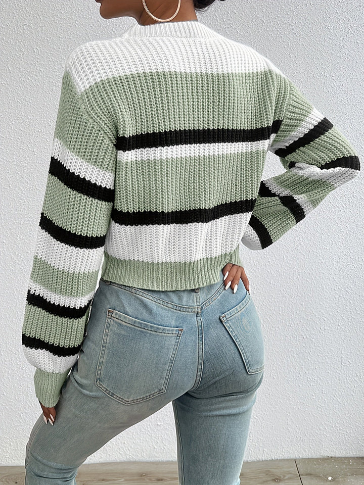 Adalyn sage green striped round-neck sweater, back view