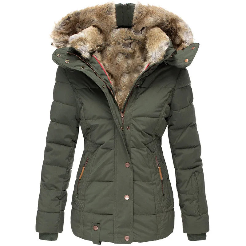Adeline fur hood belted winter jacket, front view in olive green