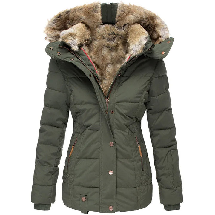 Adeline fur hood belted winter jacket, front view in olive green