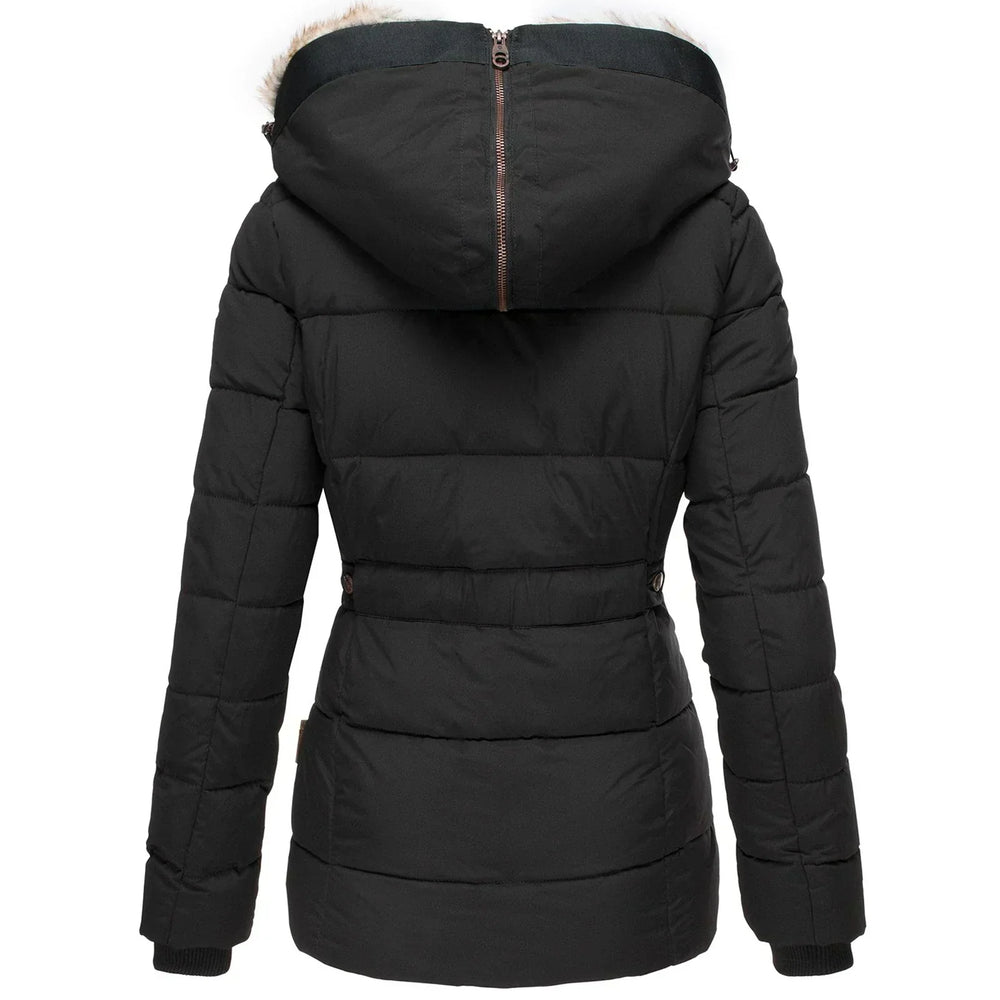 Adeline belted winter jacket, back view in black