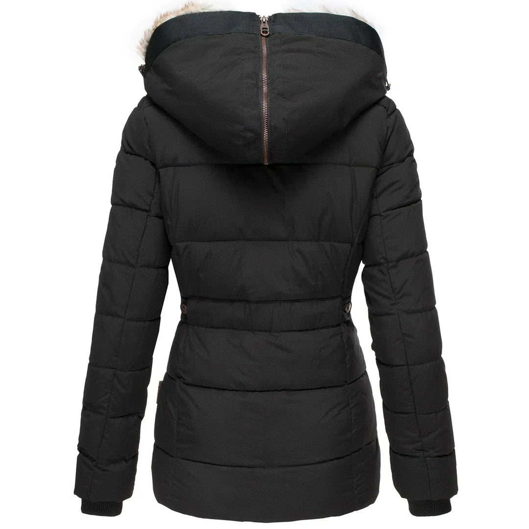 Adeline belted winter jacket, back view in black