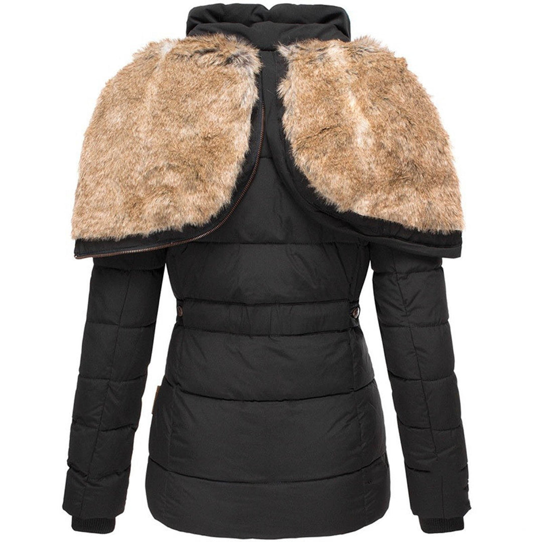 Adeline winter jacket with fur-trimmed hood open, back detail