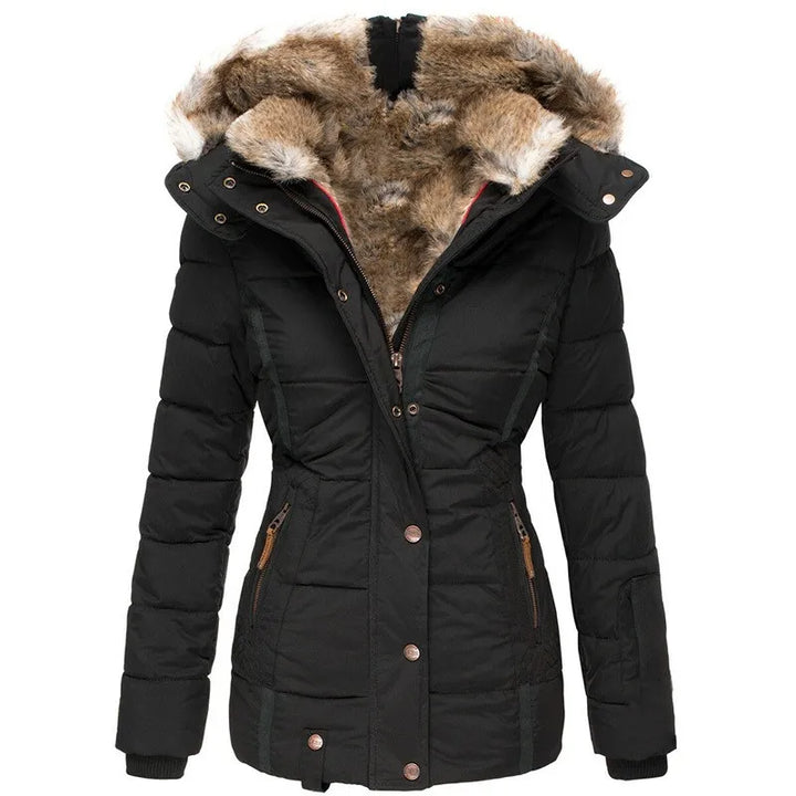 Adeline fur hood belted winter jacket, front view in black