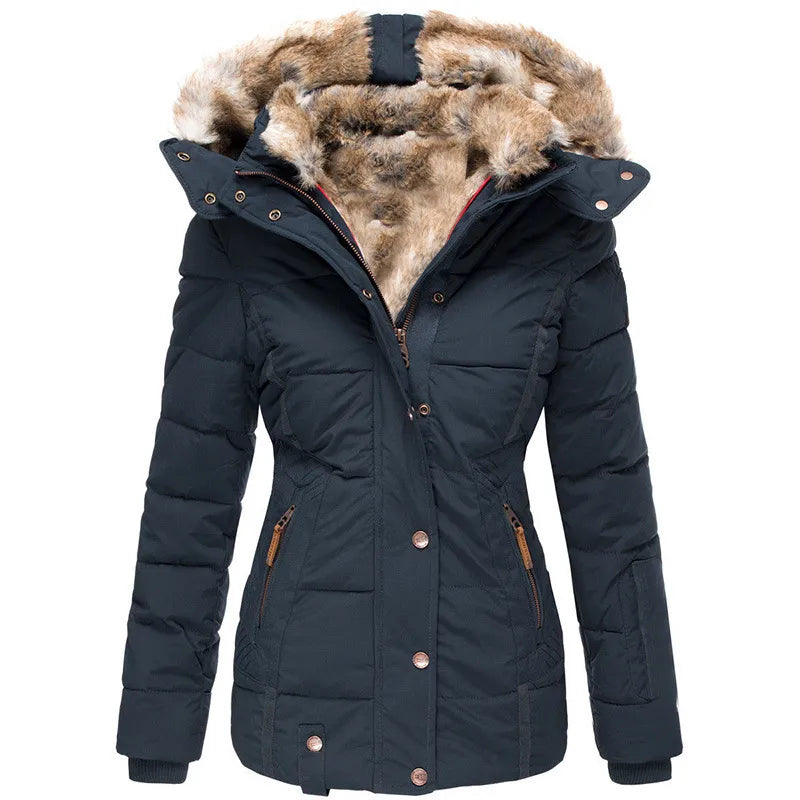 Adeline fur hood belted winter jacket, front view in black