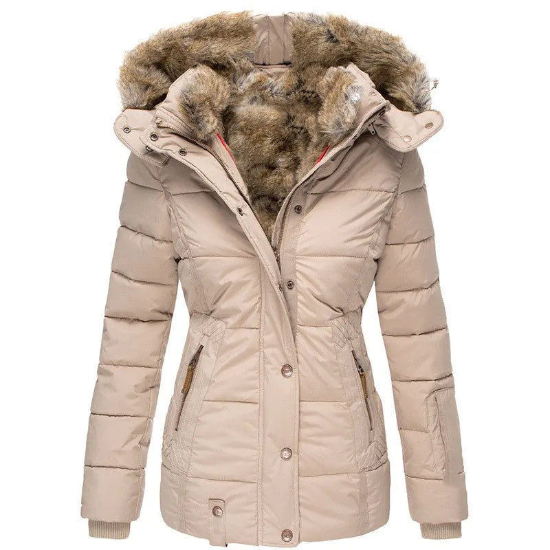 Adeline fur hood belted winter jacket, front view in black