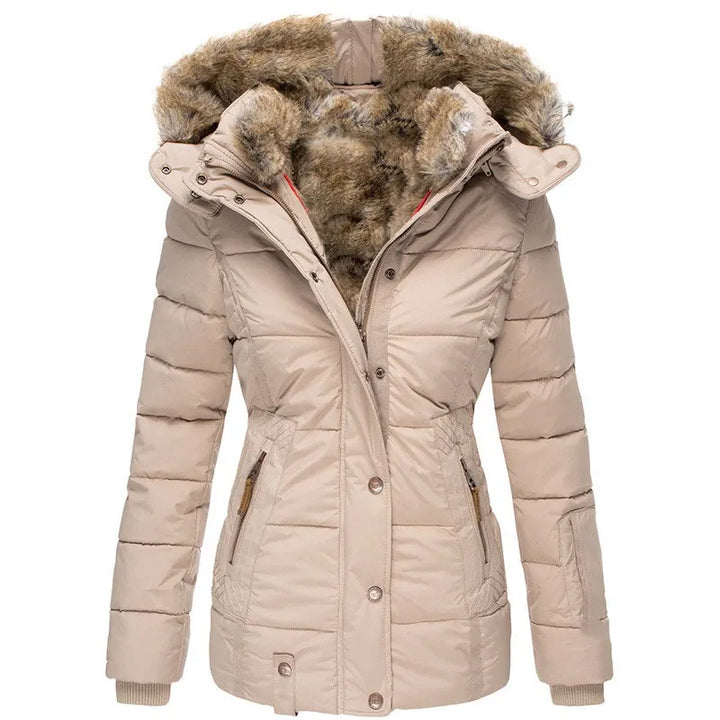 Adeline fur hood belted winter jacket, front view in black