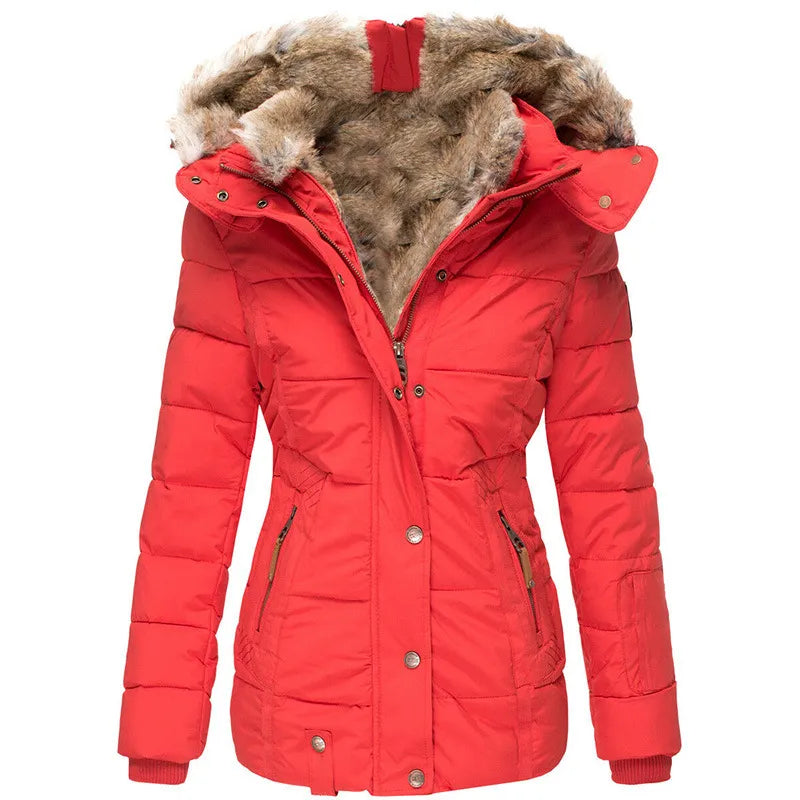 Adeline fur hood belted winter jacket, front view in black