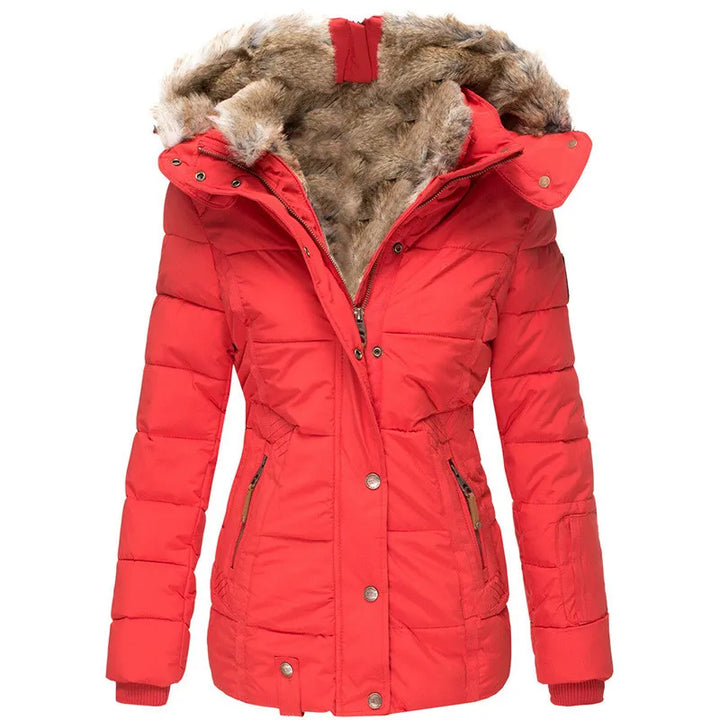 Adeline fur hood belted winter jacket, front view in black