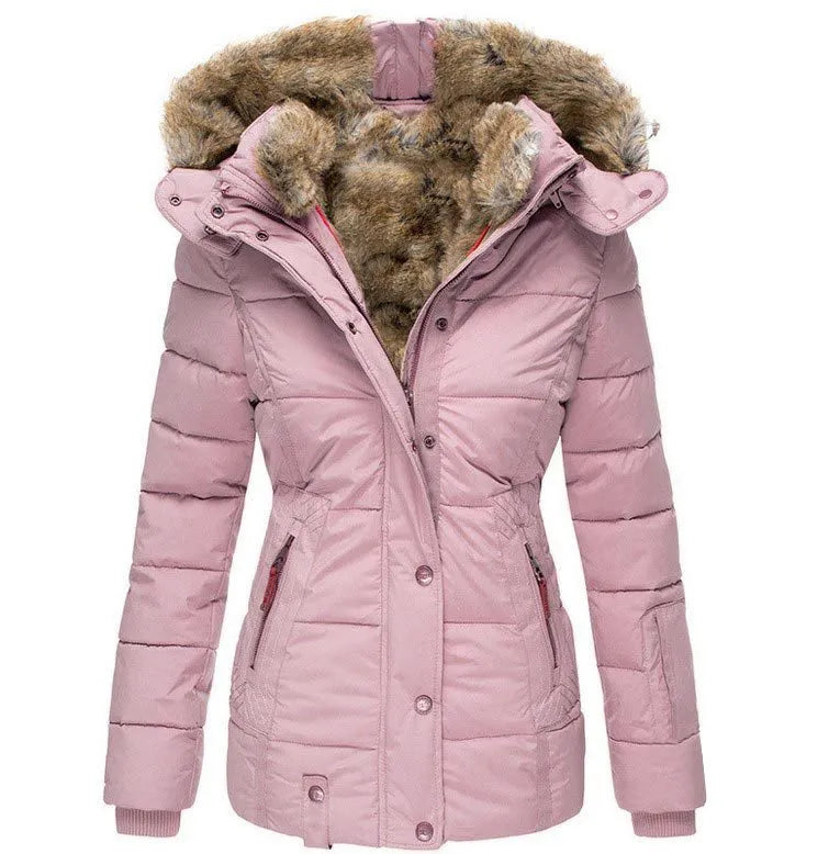 Adeline fur hood belted winter jacket, front view in black