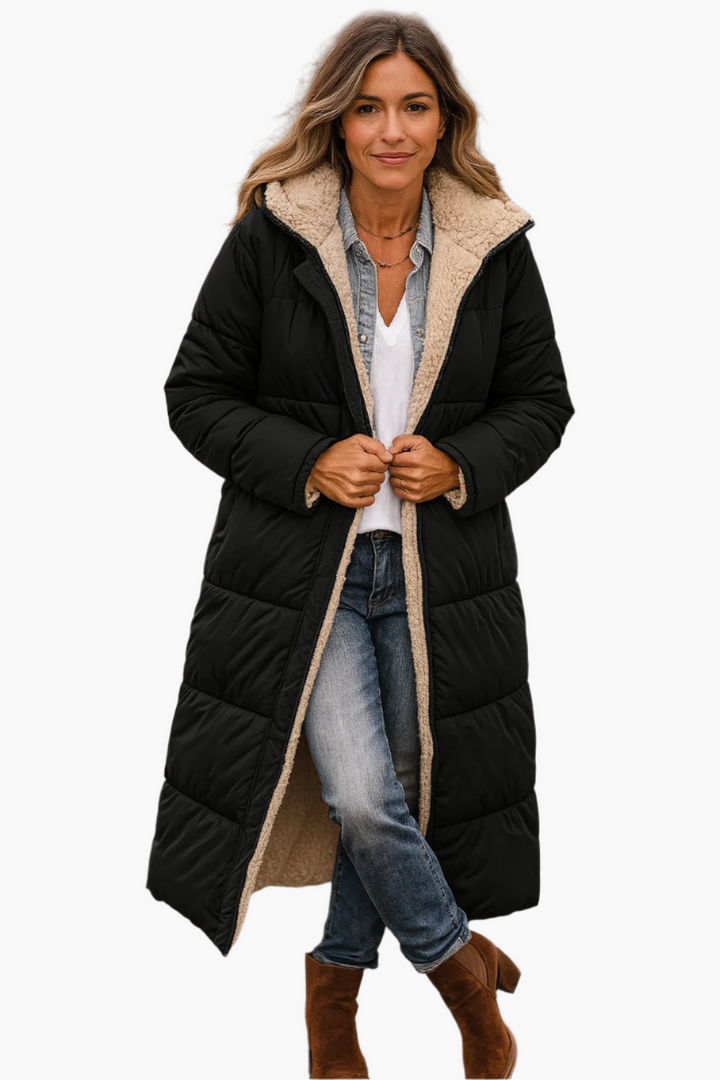 Adeline hooded longline puffer jacket in black with plush lining, front view