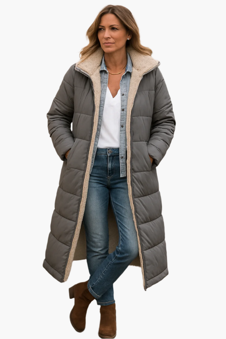 Adeline hooded longline puffer jacket in gray, front view